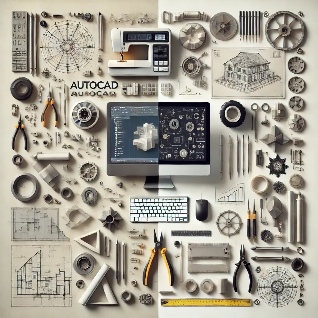 A comparison image featuring key tools and features of AutoCAD and AutoCAD LT without a computer screen