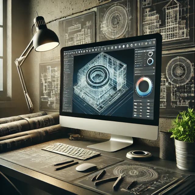 A high-quality image depicting a modern workspace with a computer screen displaying a detailed AutoCAD interface. The screen shows a 3D architectural