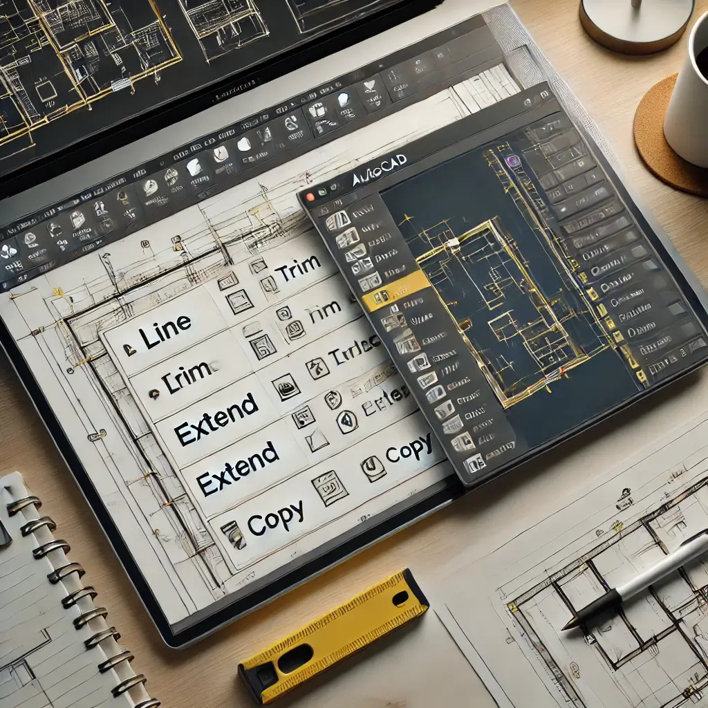 A high-quality image showcasing the AutoCAD interface with a focus on a list of essential commands such as LINE, TRIM, EXTEND, COPY