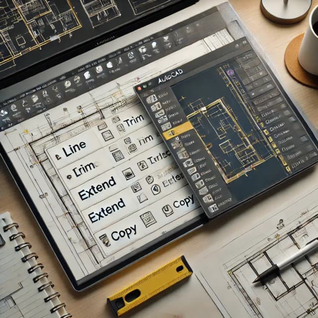 A high-quality image showcasing the AutoCAD interface with a focus on a list of essential commands such as LINE, TRIM, EXTEND, COPY