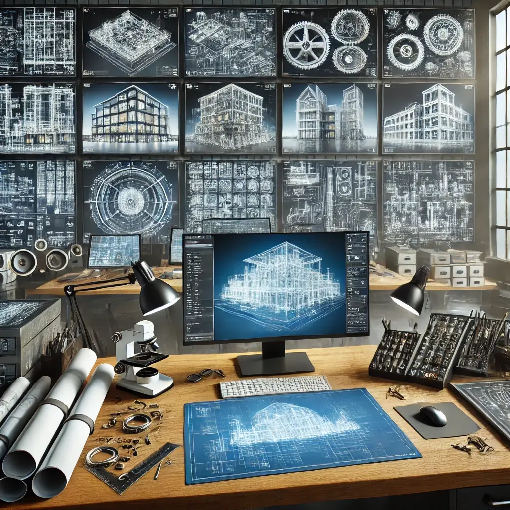A high-quality, realistic image of a modern workspace with multiple screens displaying various AutoCAD designs, including architectural blueprints