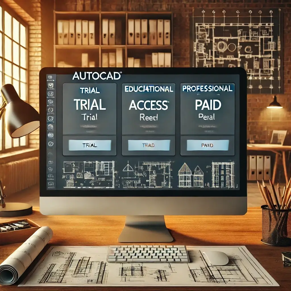 A professional workspace featuring a computer screen with a clear display of AutoCAD's licensing options_ free trial, educational access, and professional